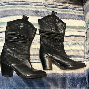 BCBGeneration Black Leather Mid-Heel Western Boots